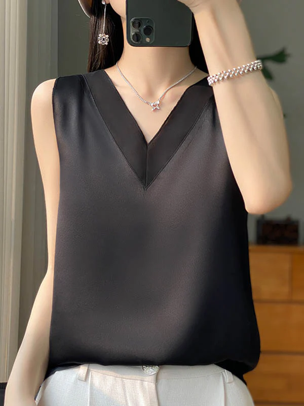 Loose Sleeveless Solid Color V-Neck Vest Top - Image 3