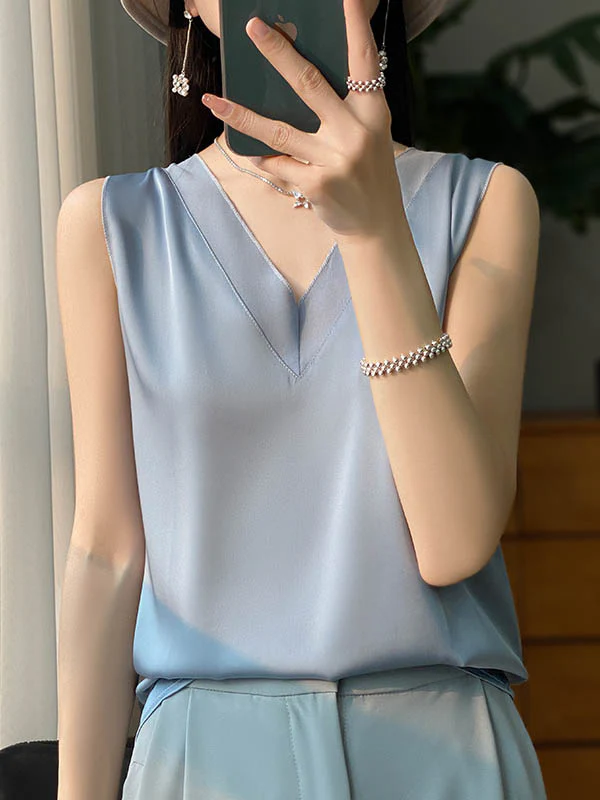 Loose Sleeveless Solid Color V-Neck Vest Top - Image 4