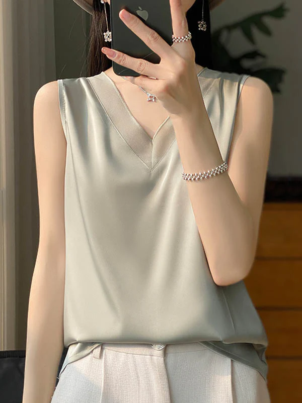 Loose Sleeveless Solid Color V-Neck Vest Top - Image 5