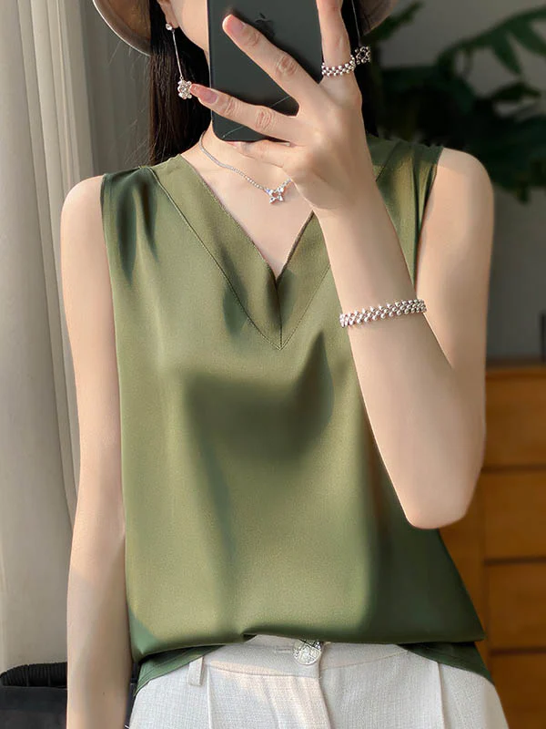 Loose Sleeveless Solid Color V-Neck Vest Top - Image 6