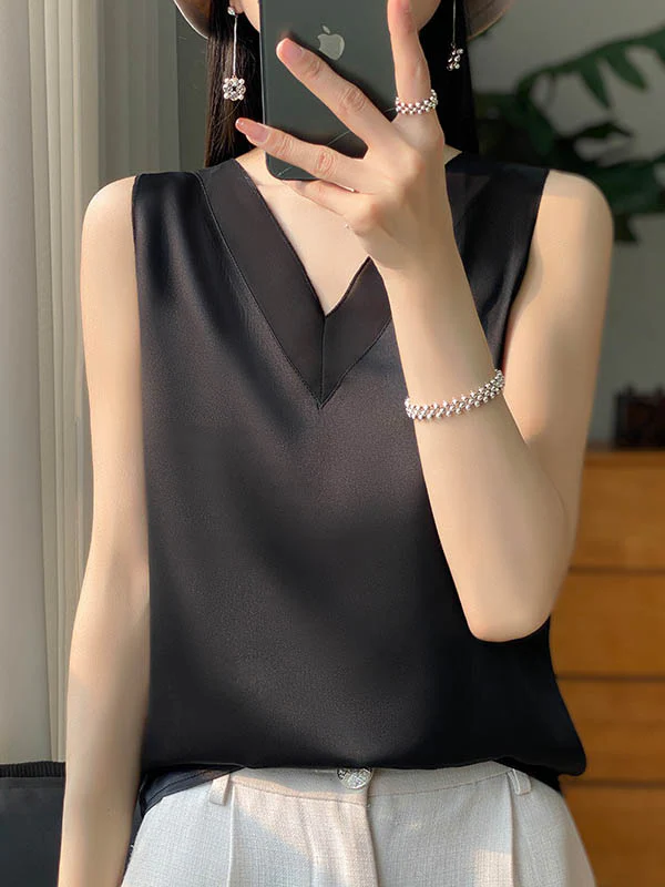 Loose Sleeveless Solid Color V-Neck Vest Top - Image 7