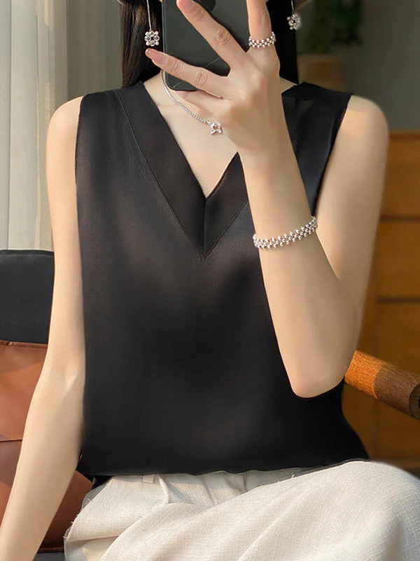 Loose Sleeveless Solid Color V-Neck Vest Top - Image 8