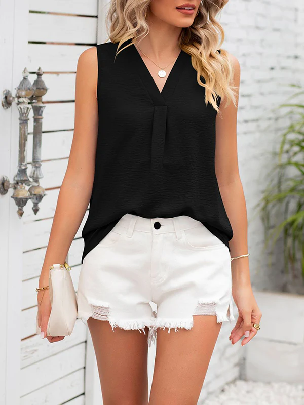 Loose Sleeveless Solid Color V-Neck Vest Top - Image 21