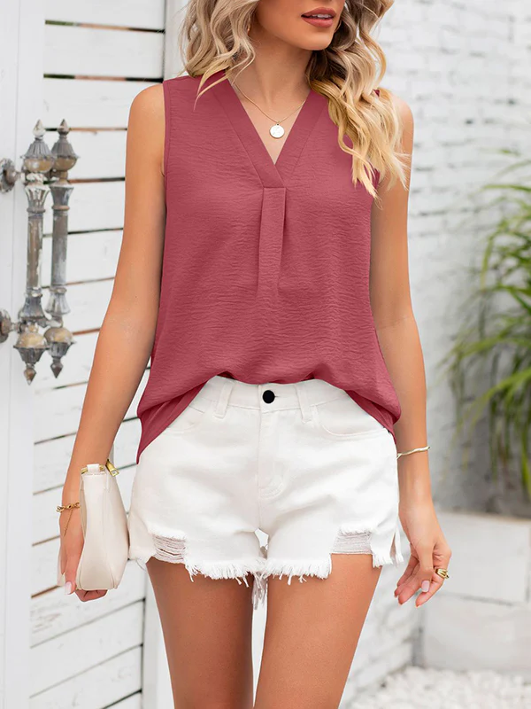 Loose Sleeveless Solid Color V-Neck Vest Top - Image 6