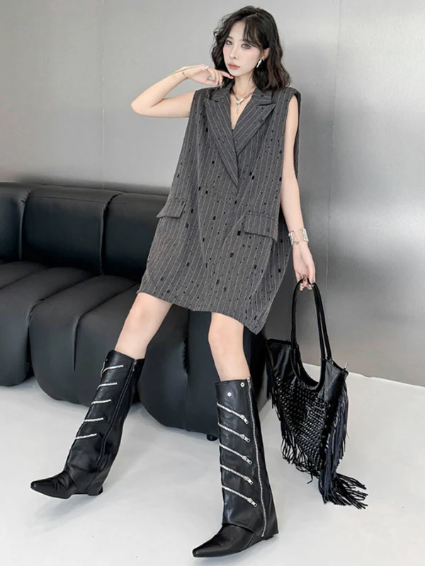 Loose Sleeveless Striped Lapel Vest Top - Image 10