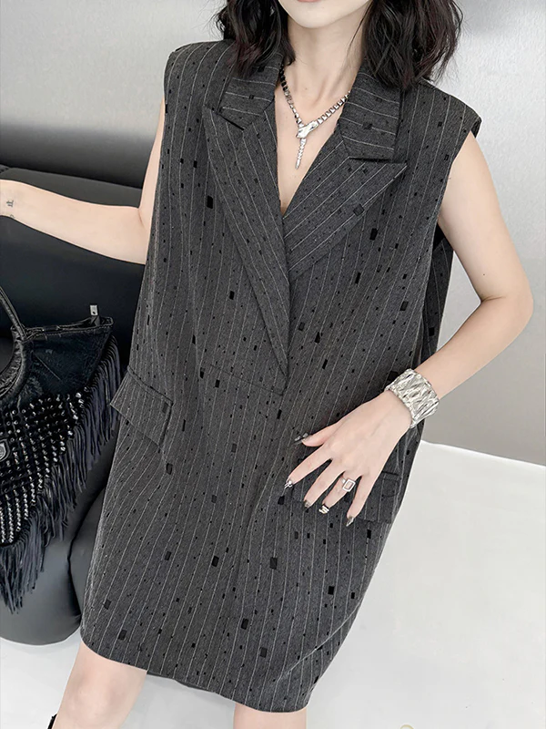Loose Sleeveless Striped Lapel Vest Top - Image 18