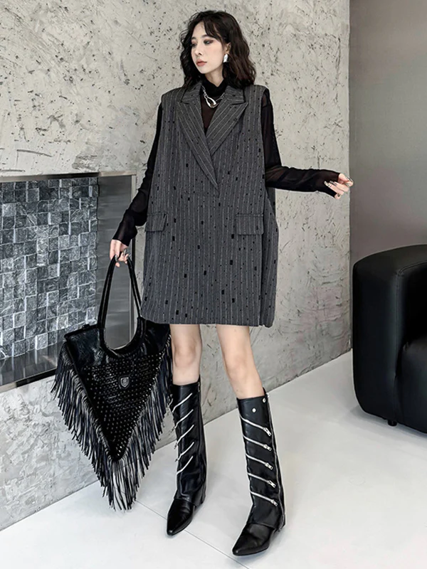 Loose Sleeveless Striped Lapel Vest Top - Image 3