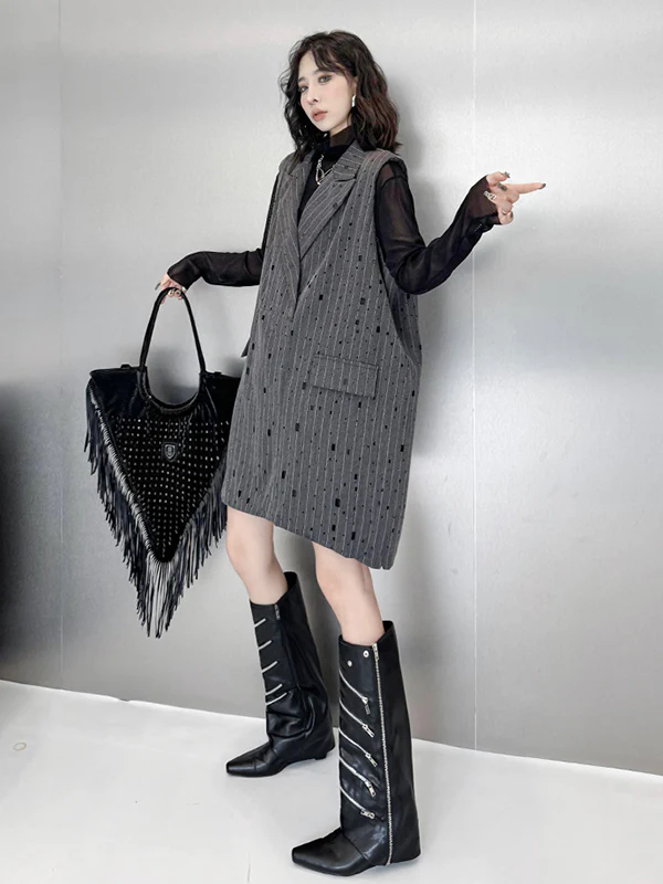 Loose Sleeveless Striped Lapel Vest Top - Image 6
