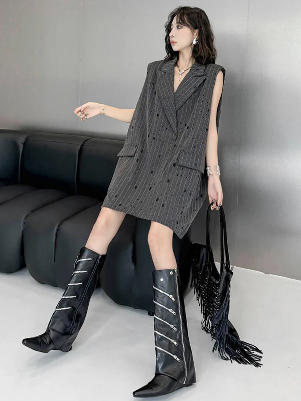 Loose Sleeveless Striped Lapel Vest Top - Image 9