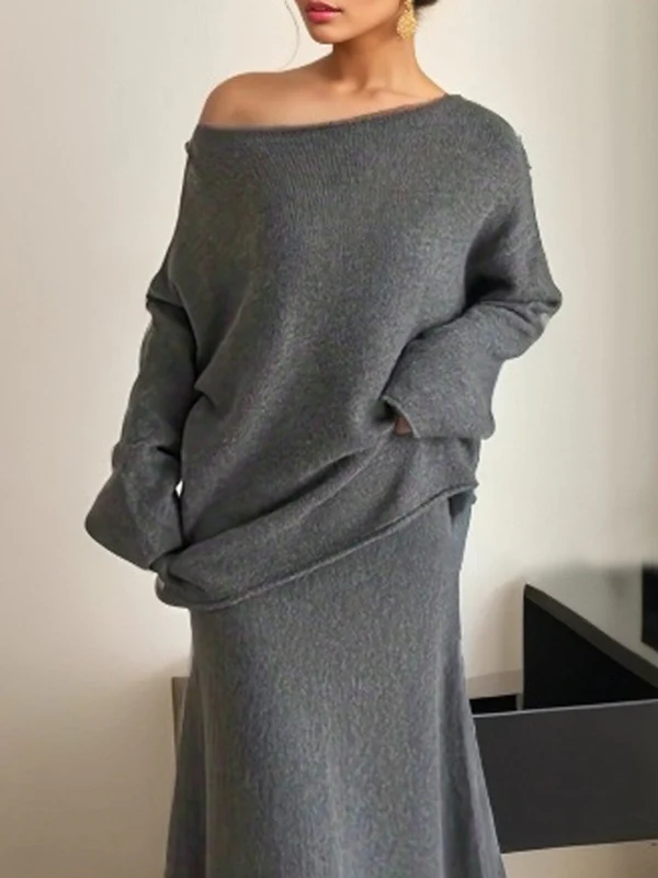 Loose Solid Color Long Sleeves Round-Neck Sweater Top + Skirt Two Pieces Set - Image 11