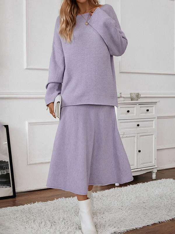 Loose Solid Color Long Sleeves Round-Neck Sweater Top + Skirt Two Pieces Set - Image 2