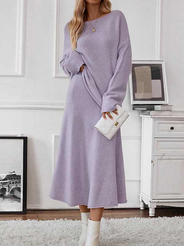 Loose Solid Color Long Sleeves Round-Neck Sweater Top + Skirt Two Pieces Set - Image 3