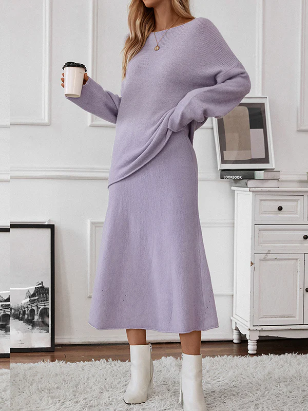 Loose Solid Color Long Sleeves Round-Neck Sweater Top + Skirt Two Pieces Set - Image 4