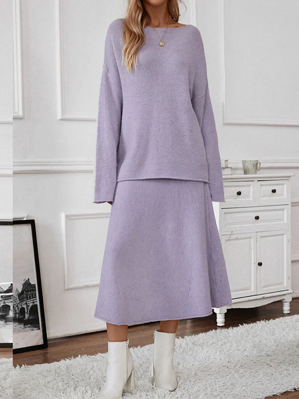 Loose Solid Color Long Sleeves Round-Neck Sweater Top + Skirt Two Pieces Set - Image 5