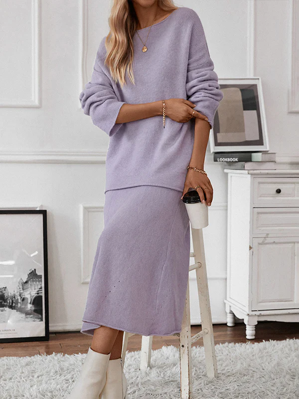 Loose Solid Color Long Sleeves Round-Neck Sweater Top + Skirt Two Pieces Set - Image 6