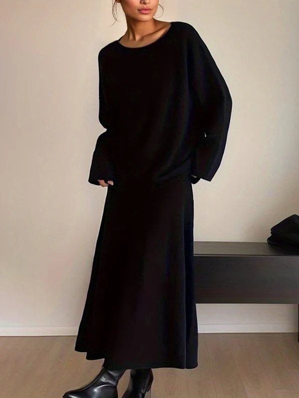 Loose Solid Color Long Sleeves Round-Neck Sweater Top + Skirt Two Pieces Set - Image 8