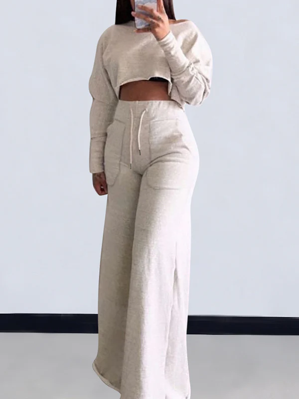 Loose Solid Color Long Sleeves T-Shirt + Drawstring Wide Leg Pants Trousers Two Pieces Set - Image 2