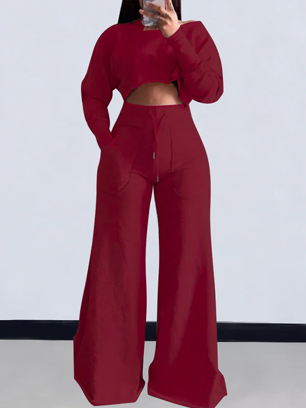 Loose Solid Color Long Sleeves T-Shirt + Drawstring Wide Leg Pants Trousers Two Pieces Set - Image 3