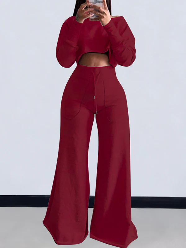 Loose Solid Color Long Sleeves T-Shirt + Drawstring Wide Leg Pants Trousers Two Pieces Set - Image 4