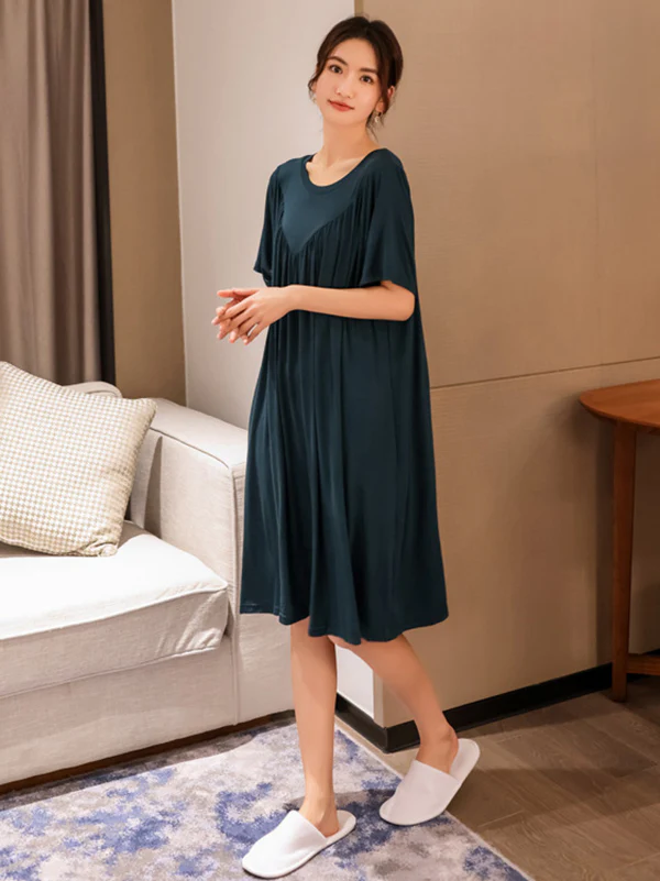 Loose Solid Color Pleated Modal Pajamas Dress - Image 10
