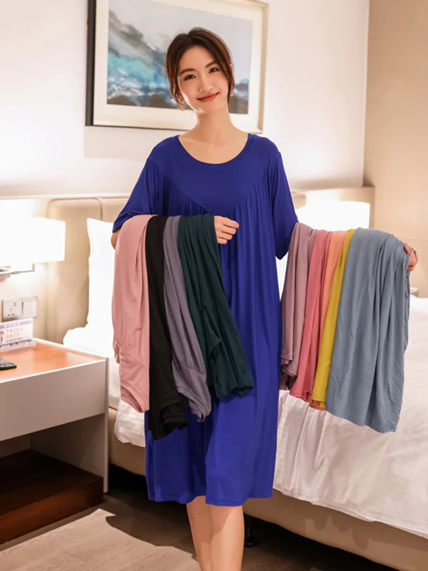 Loose Solid Color Pleated Modal Pajamas Dress - Image 13