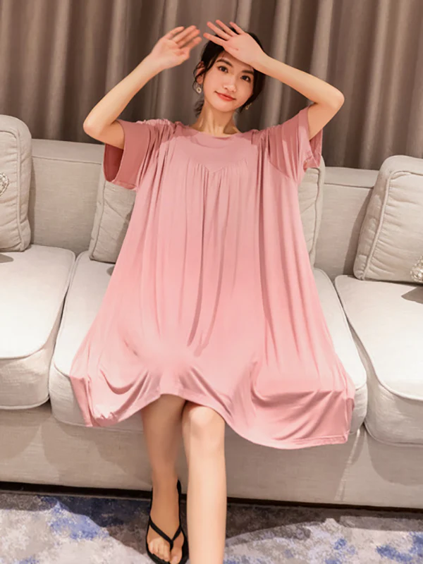Loose Solid Color Pleated Modal Pajamas Dress - Image 2