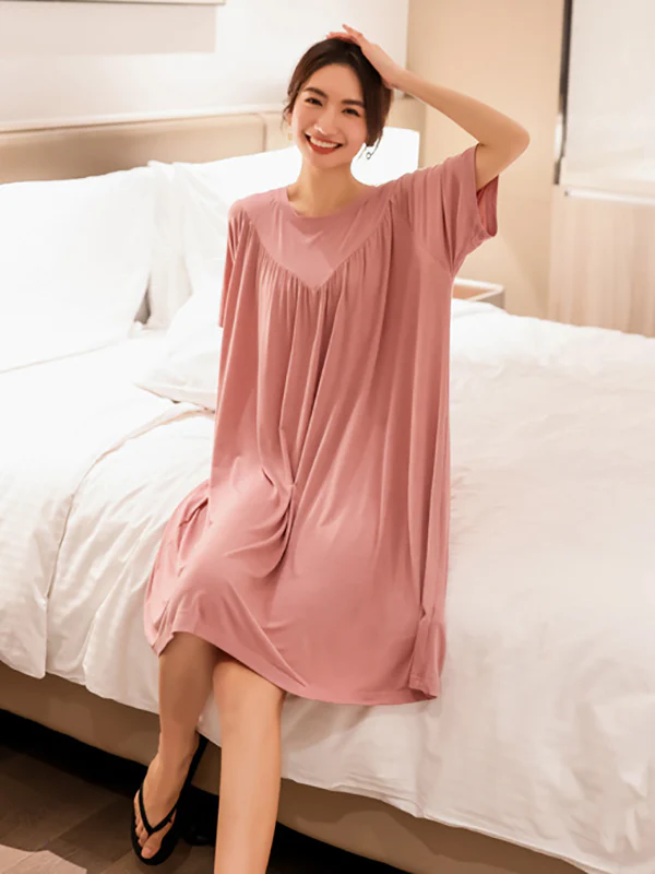 Loose Solid Color Pleated Modal Pajamas Dress - Image 3