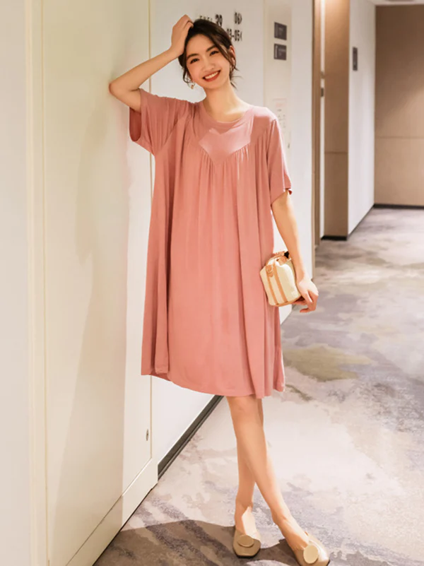 Loose Solid Color Pleated Modal Pajamas Dress - Image 4