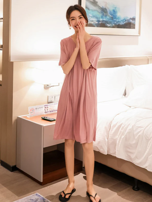 Loose Solid Color Pleated Modal Pajamas Dress - Image 5