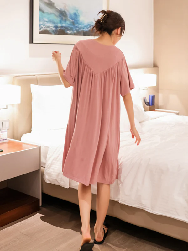 Loose Solid Color Pleated Modal Pajamas Dress - Image 6