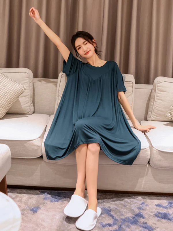 Loose Solid Color Pleated Modal Pajamas Dress - Image 7