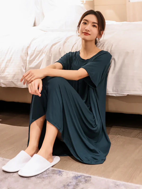 Loose Solid Color Pleated Modal Pajamas Dress - Image 8