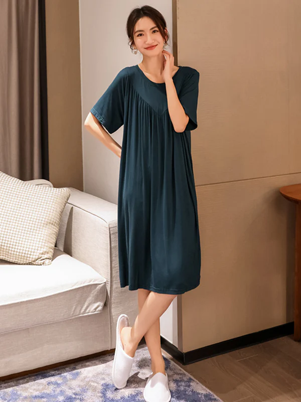 Loose Solid Color Pleated Modal Pajamas Dress - Image 9