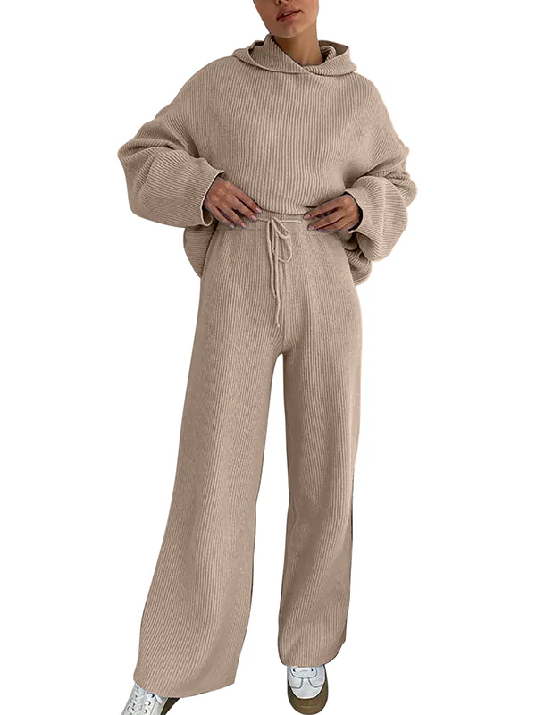 Loose Solid Color Round-Neck Hooded Long Sleeves Sweater Top + Drawstring Pants Bottom Two Pieces Set - Image 10