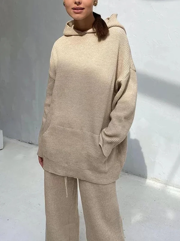 Loose Solid Color Round-Neck Hooded Long Sleeves Sweater Top + Drawstring Pants Bottom Two Pieces Set - Image 11