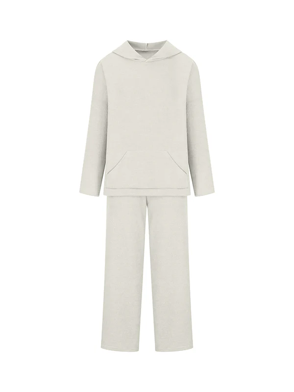 Loose Solid Color Round-Neck Hooded Long Sleeves Sweater Top + Drawstring Pants Bottom Two Pieces Set - Image 12
