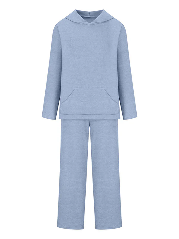Loose Solid Color Round-Neck Hooded Long Sleeves Sweater Top + Drawstring Pants Bottom Two Pieces Set - Image 18
