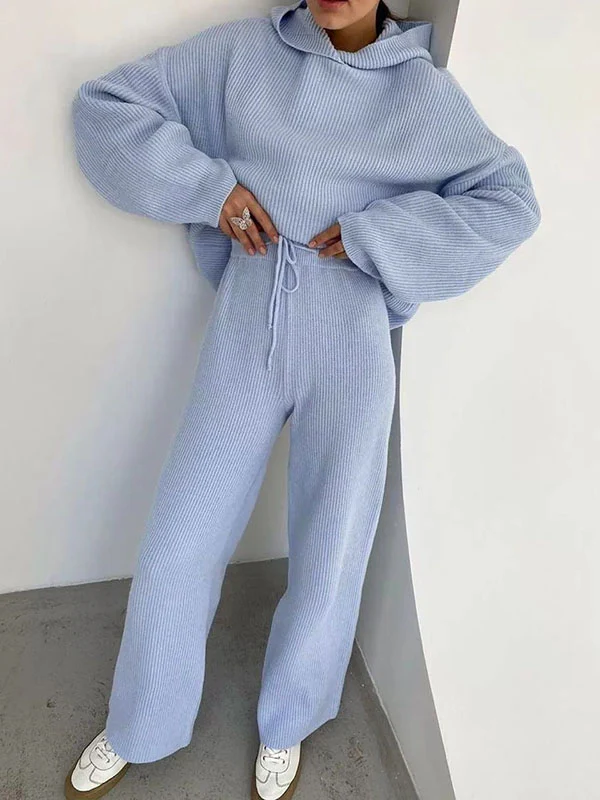 Loose Solid Color Round-Neck Hooded Long Sleeves Sweater Top + Drawstring Pants Bottom Two Pieces Set - Image 3