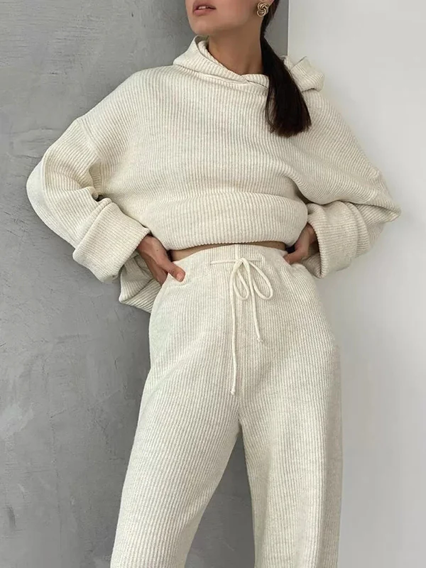 Loose Solid Color Round-Neck Hooded Long Sleeves Sweater Top + Drawstring Pants Bottom Two Pieces Set - Image 4