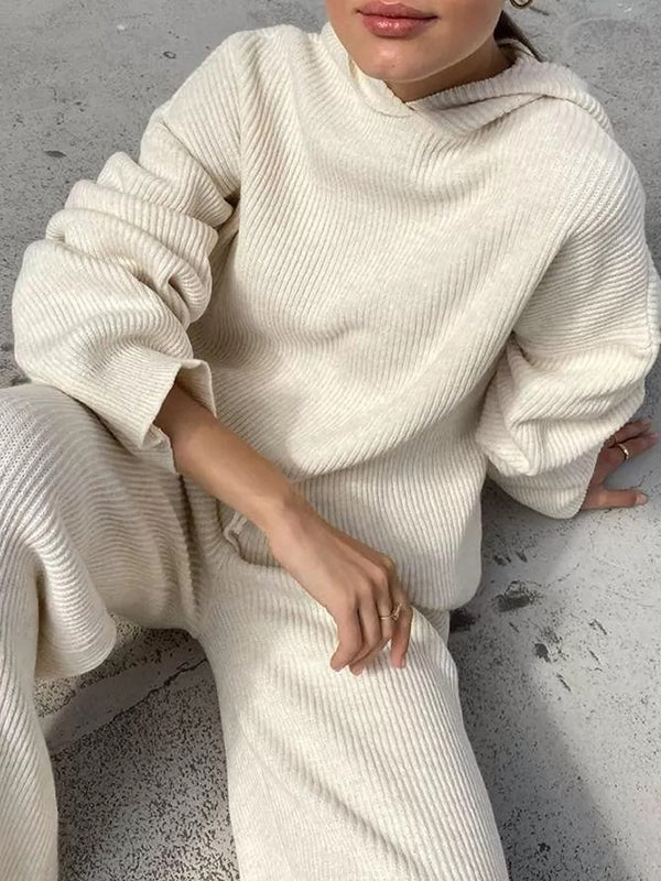 Loose Solid Color Round-Neck Hooded Long Sleeves Sweater Top + Drawstring Pants Bottom Two Pieces Set - Image 5