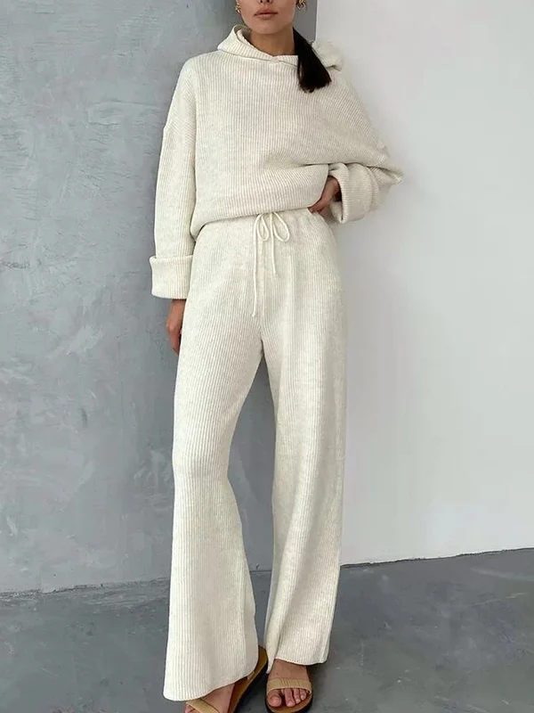 Loose Solid Color Round-Neck Hooded Long Sleeves Sweater Top + Drawstring Pants Bottom Two Pieces Set - Image 6