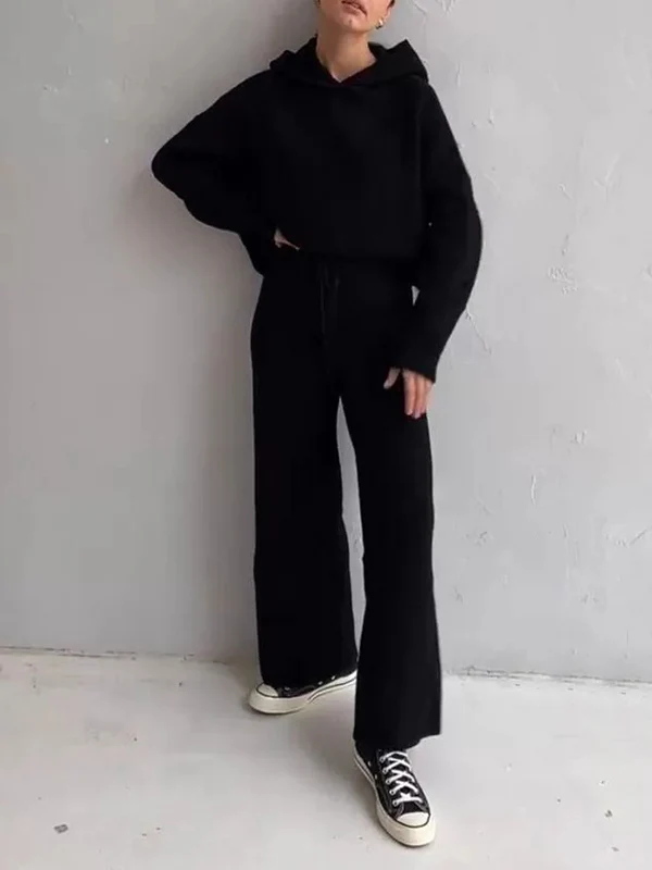 Loose Solid Color Round-Neck Hooded Long Sleeves Sweater Top + Drawstring Pants Bottom Two Pieces Set - Image 7