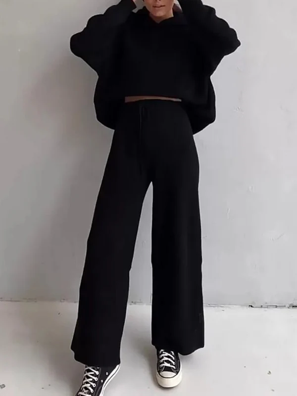 Loose Solid Color Round-Neck Hooded Long Sleeves Sweater Top + Drawstring Pants Bottom Two Pieces Set - Image 8