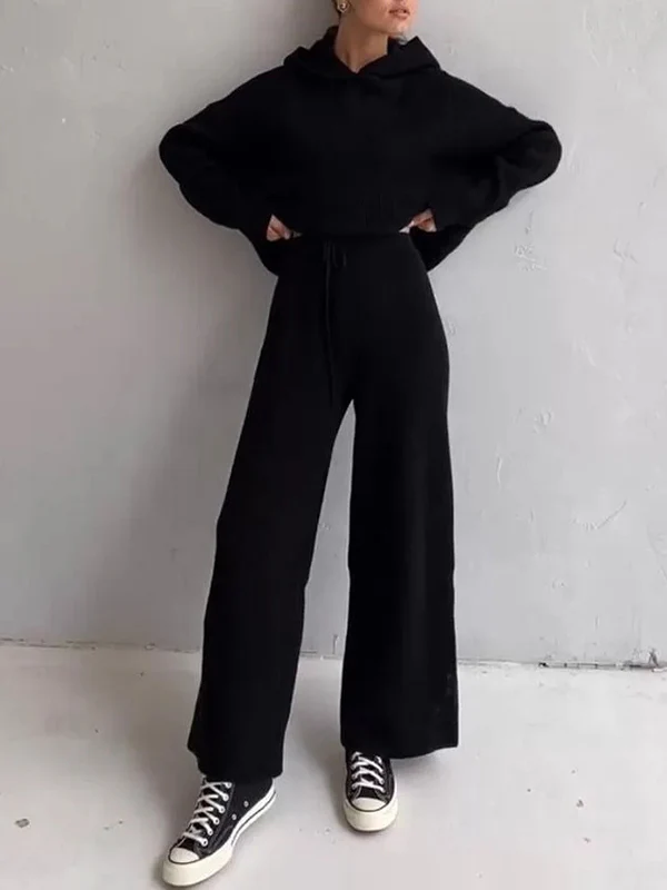 Loose Solid Color Round-Neck Hooded Long Sleeves Sweater Top + Drawstring Pants Bottom Two Pieces Set - Image 9