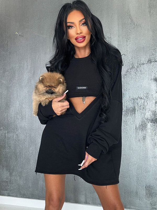 Loose Solid Color Round-Neck Mini Dresses & Vest Top Two Pieces Set - Image 15