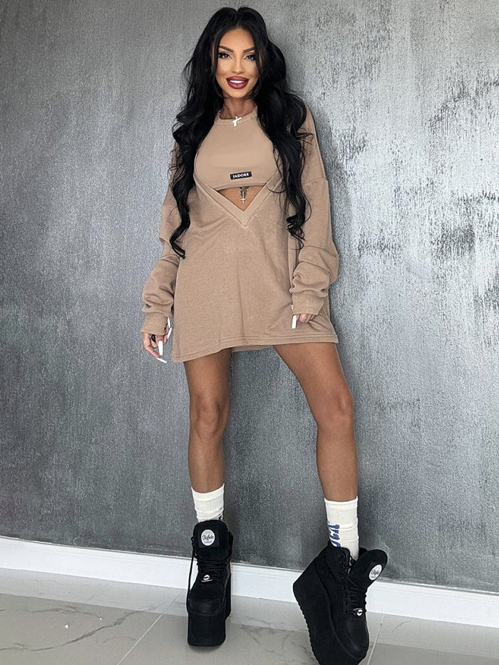 Loose Solid Color Round-Neck Mini Dresses & Vest Top Two Pieces Set - Image 4