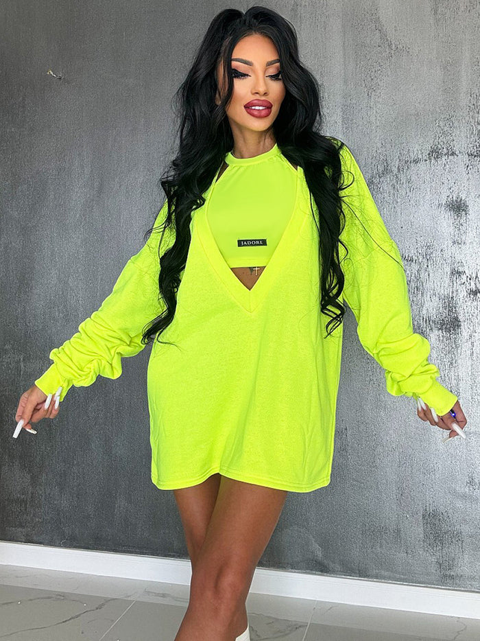 Loose Solid Color Round-Neck Mini Dresses & Vest Top Two Pieces Set - Image 5
