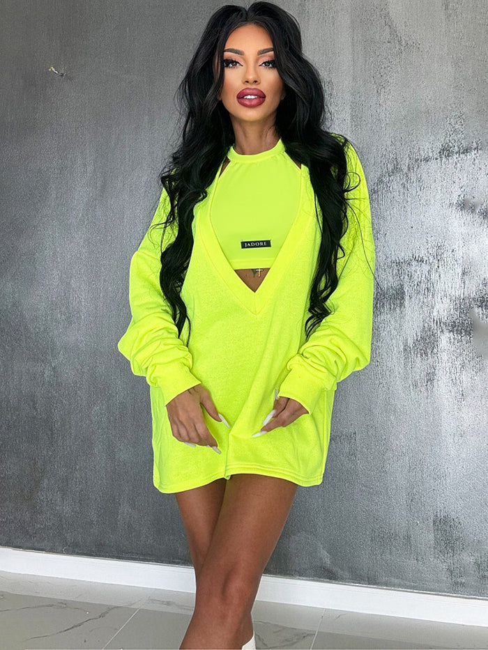 Loose Solid Color Round-Neck Mini Dresses & Vest Top Two Pieces Set - Image 6
