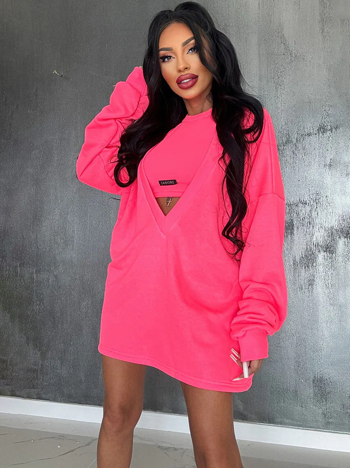 Loose Solid Color Round-Neck Mini Dresses & Vest Top Two Pieces Set - Image 8