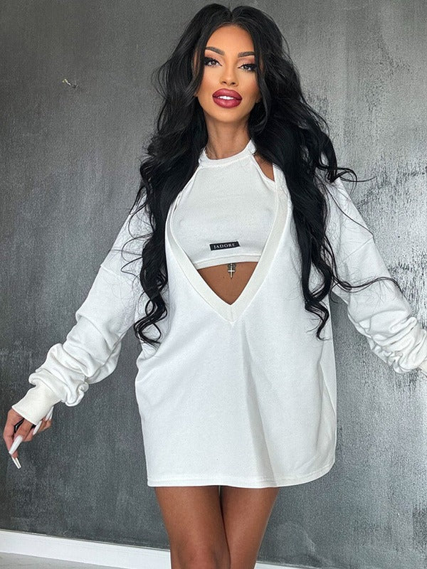 Loose Solid Color Round-Neck Mini Dresses & Vest Top Two Pieces Set - Image 9